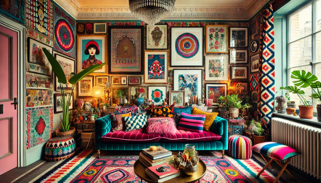 A vibrant visual representation of  maximalist vibe aesthetic room. 