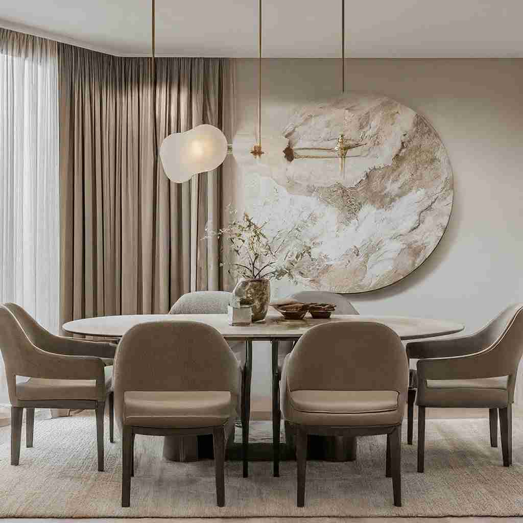 A modern luxury dining room with a sense of peace and list of aesthetics, featuring light colors and natural materials.