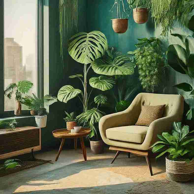  An urban jungle aesthetic living room with a variety of indoor plants, earthy tones, and a refreshing and invigorating atmosphere.