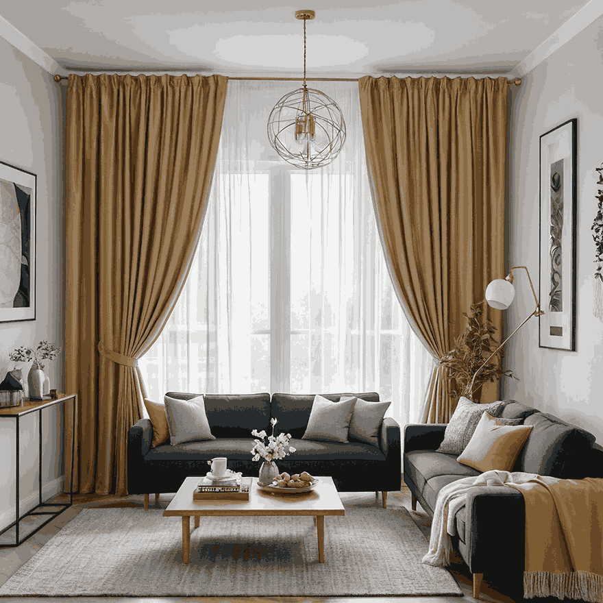 A vibrant living room featuring yellow and blue furniture, showcasing drawing room curtain ideas for a stylish touch.