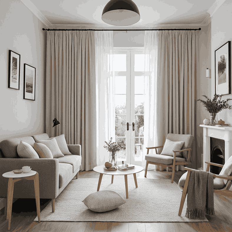 A modern living room setup with a sofa, chair, and table, incorporating living room curtain ideas for enhanced decor.