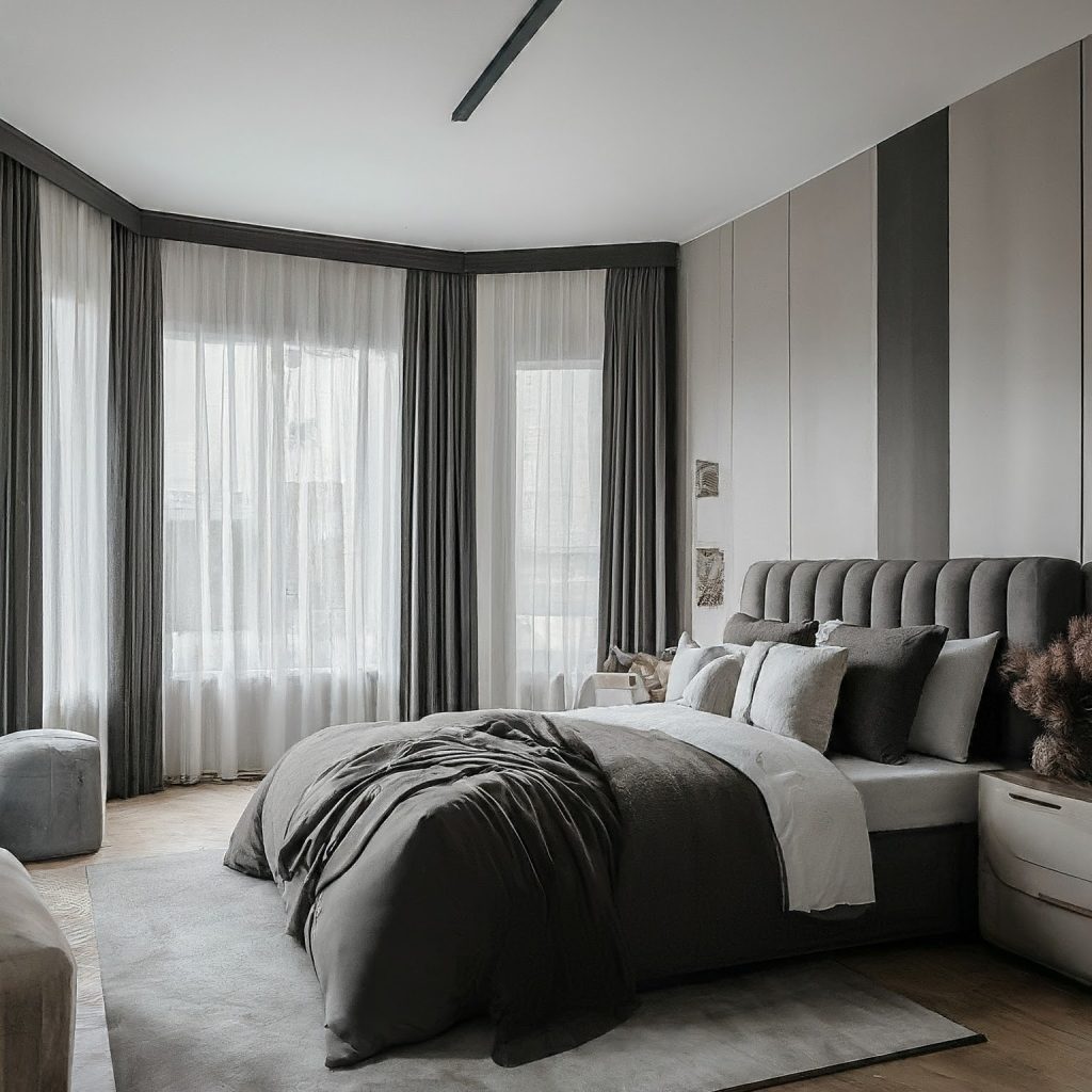 A modern bedroom featuring a large bed, a spacious window, and stylish curtain ideas enhancing the ambiance.