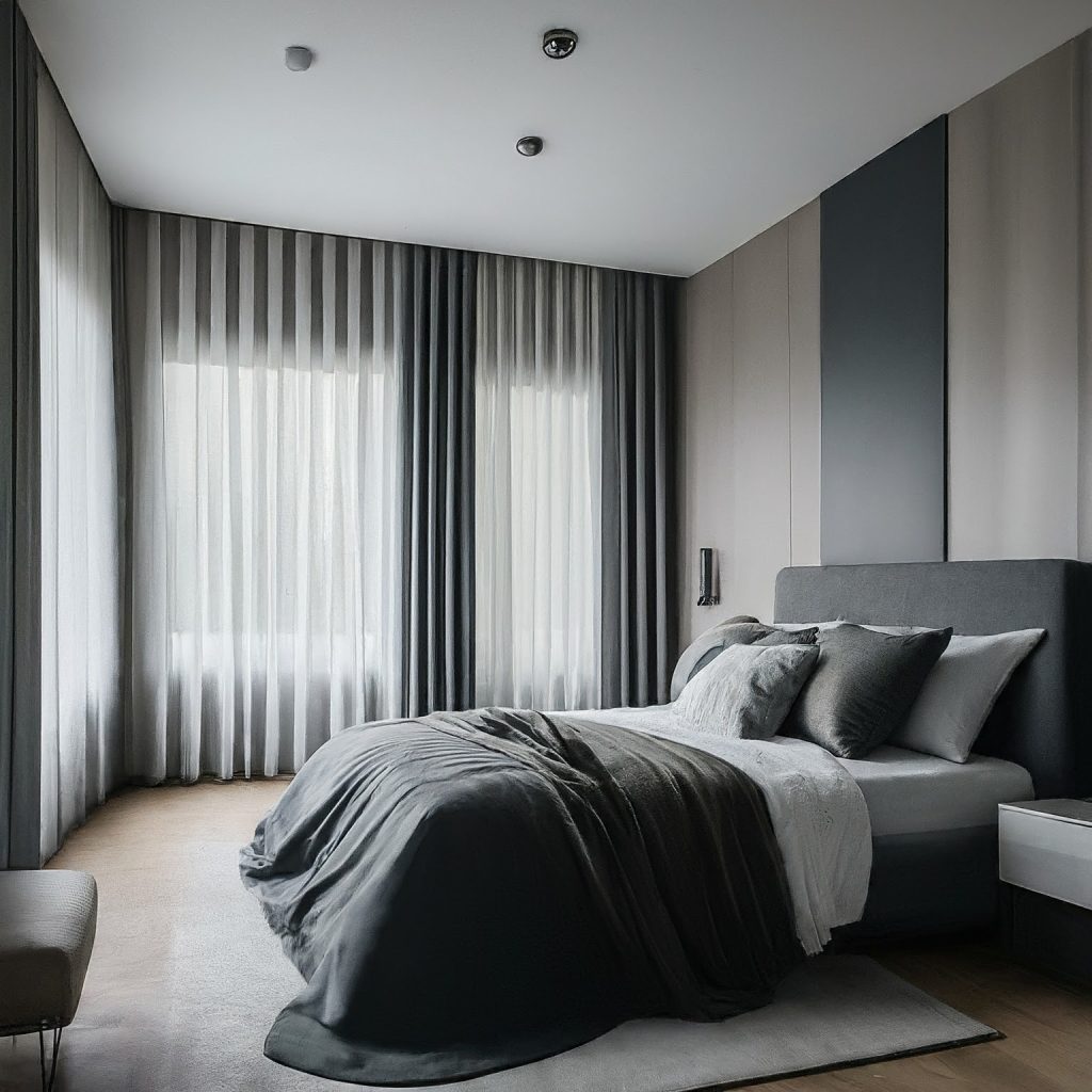 A sleek modern bedroom showcasing gray and white decor, complemented by beautiful curtains in bedroom for added elegance.
