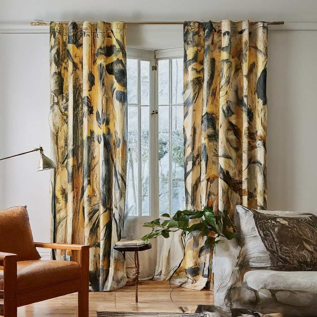 A bright living room adorned with a yellow and black floral print curtain design, creating a cheerful and inviting ambiance.
