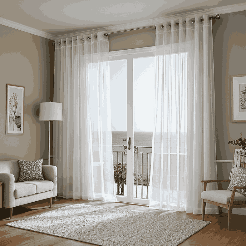 A bright living room featuring white curtains, showcasing a stunning ocean view and elegant curtain design.