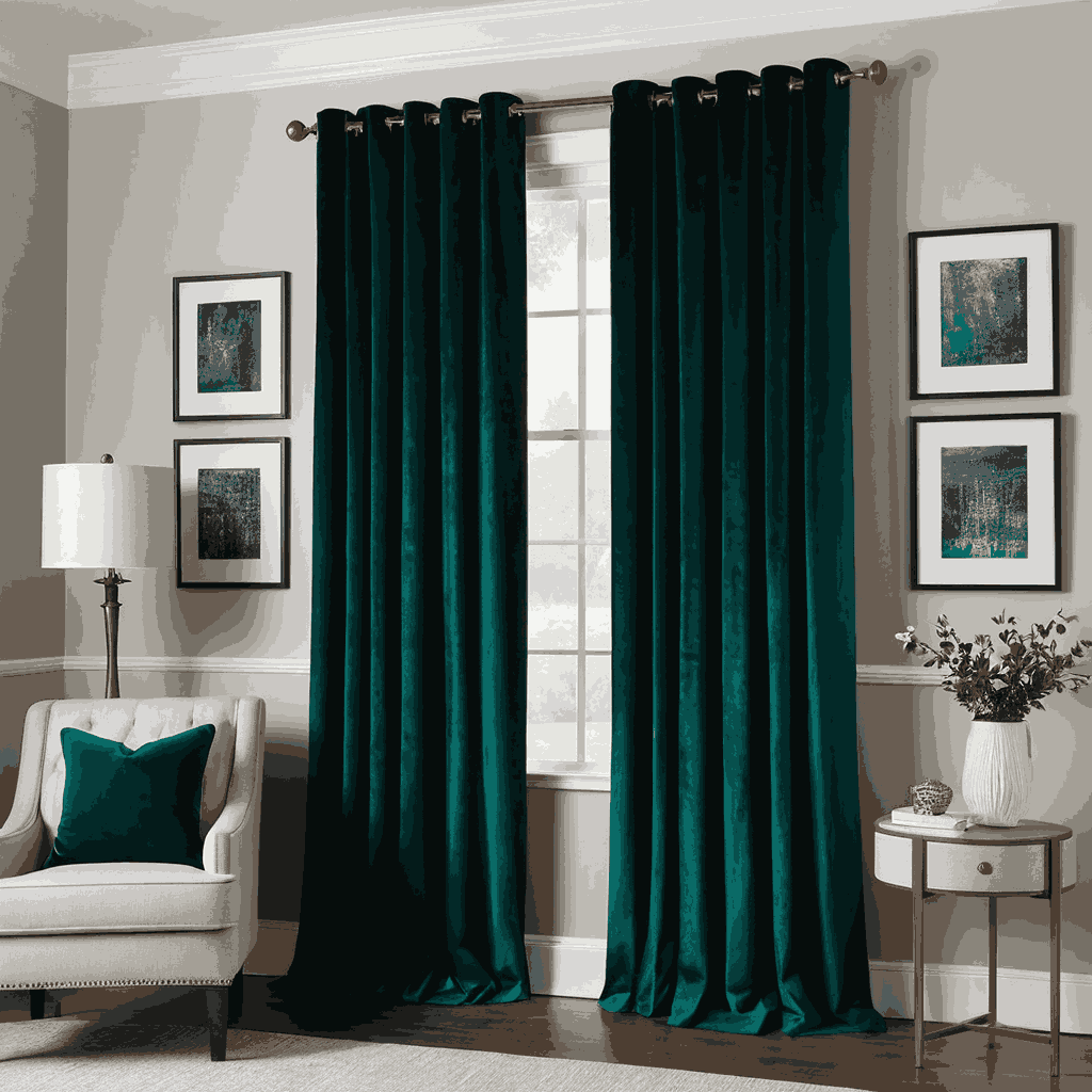 A green velvet curtain drapes in a room with a chair and window, perfect for living room curtain ideas and stylish interiors.